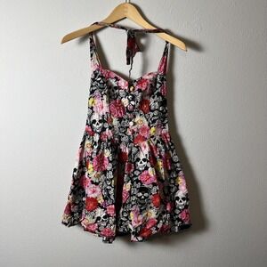 Hell Bunny Dress Womens Medium Black Pink Skull Floral Gothic Pinup Rockabilly